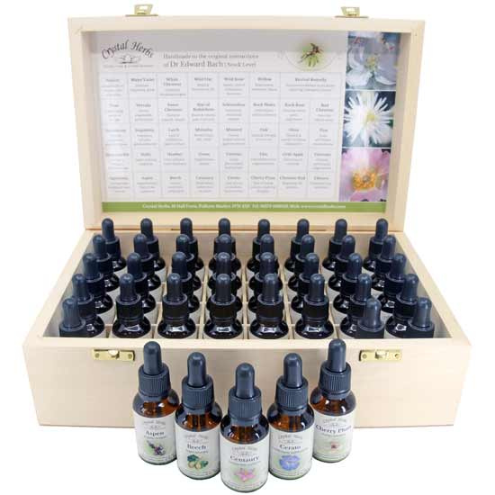 Offene Holzbox des 25ml Bach-Blüten-Essenzensets von Crystal Herbs